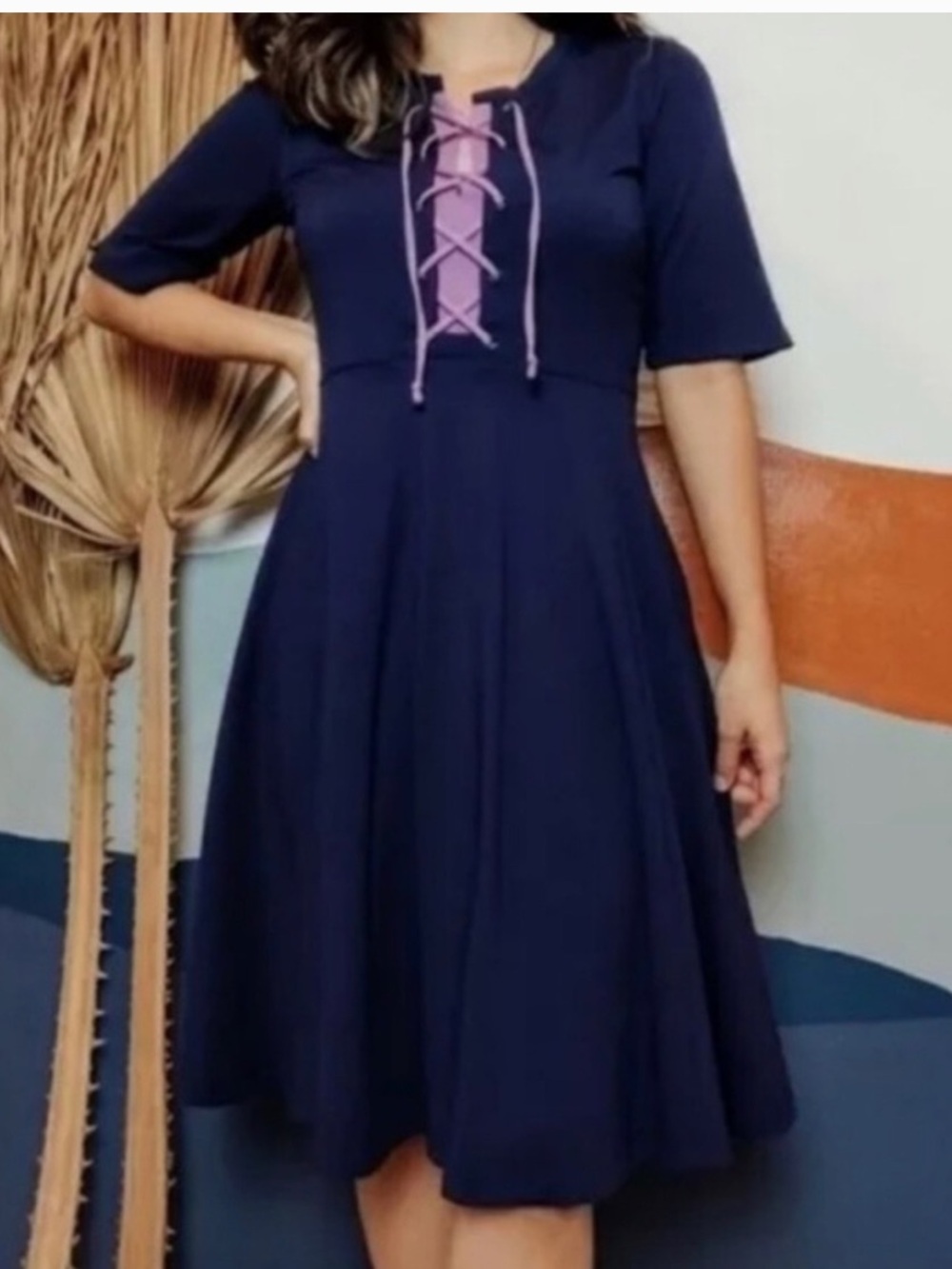 Anthropologie Maeve Navy Lace Up Dress with pockets